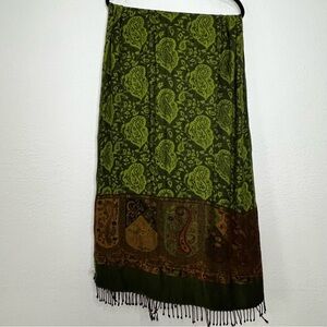 Pashmina Wrap Shawl Scarf Green Brown Paisley Fringed 100% Viscose Made In India